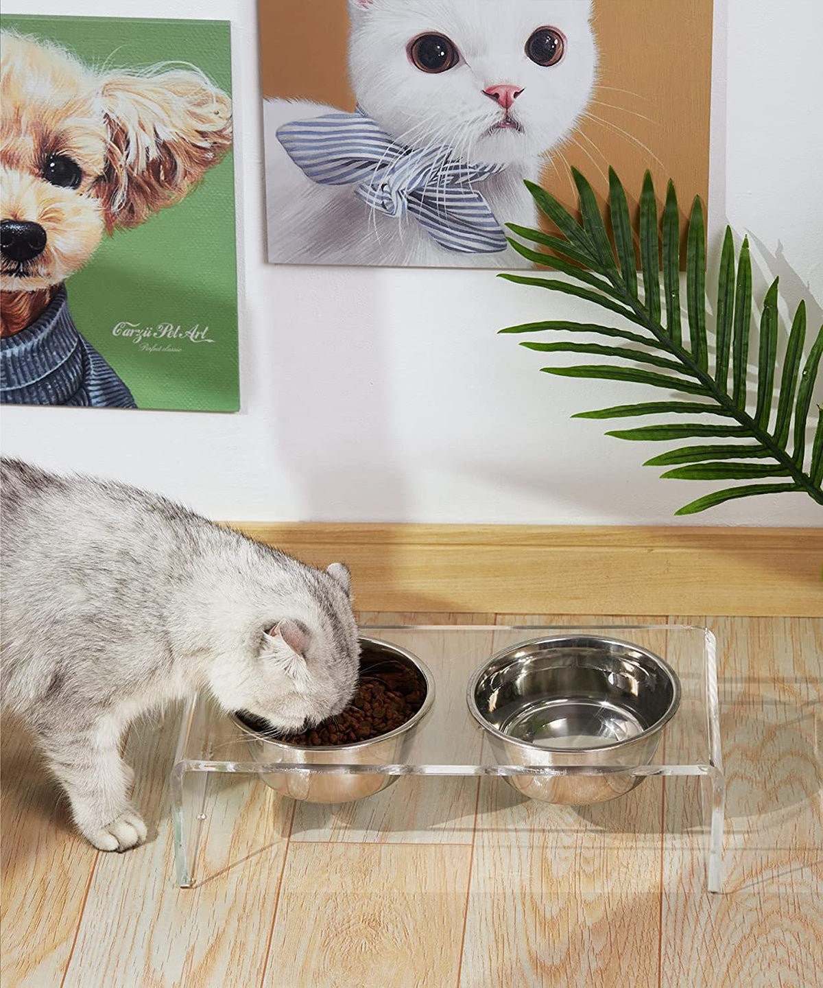 Support à gamelles en acrylique pour chien et chat